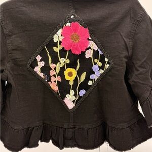 Embroidered Black Denim Jean Jacket with Floral Design. Tulle Handmade